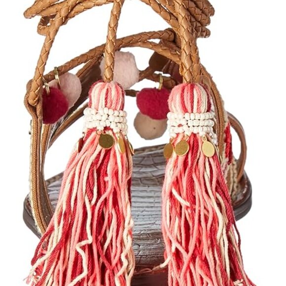 Sam Edelman Gretchen Boho Sandals 7M Embroidered Beaded Pom Pom Tassel Lace Up - Picture 8 of 16